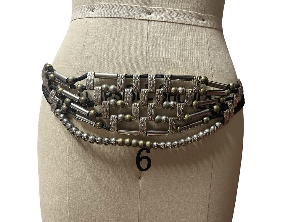 VTG Multi-Strand Statement Belt Gold & Silver Metal Bead Black Cord Straps 29-36